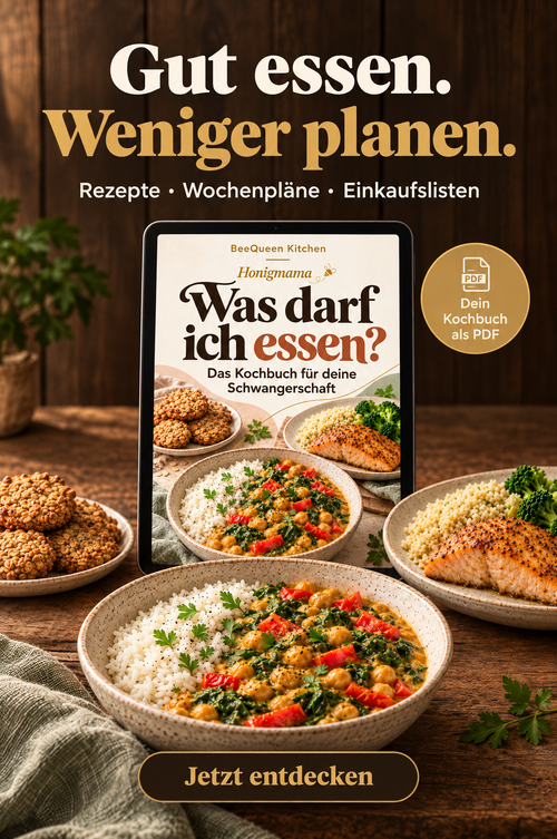 BeeQueen Kitchen: Schwangerschafts-Kochbuch als PDF auf dem Tablet mit Rezeptideen, Wochenplänen und Einkaufslisten
