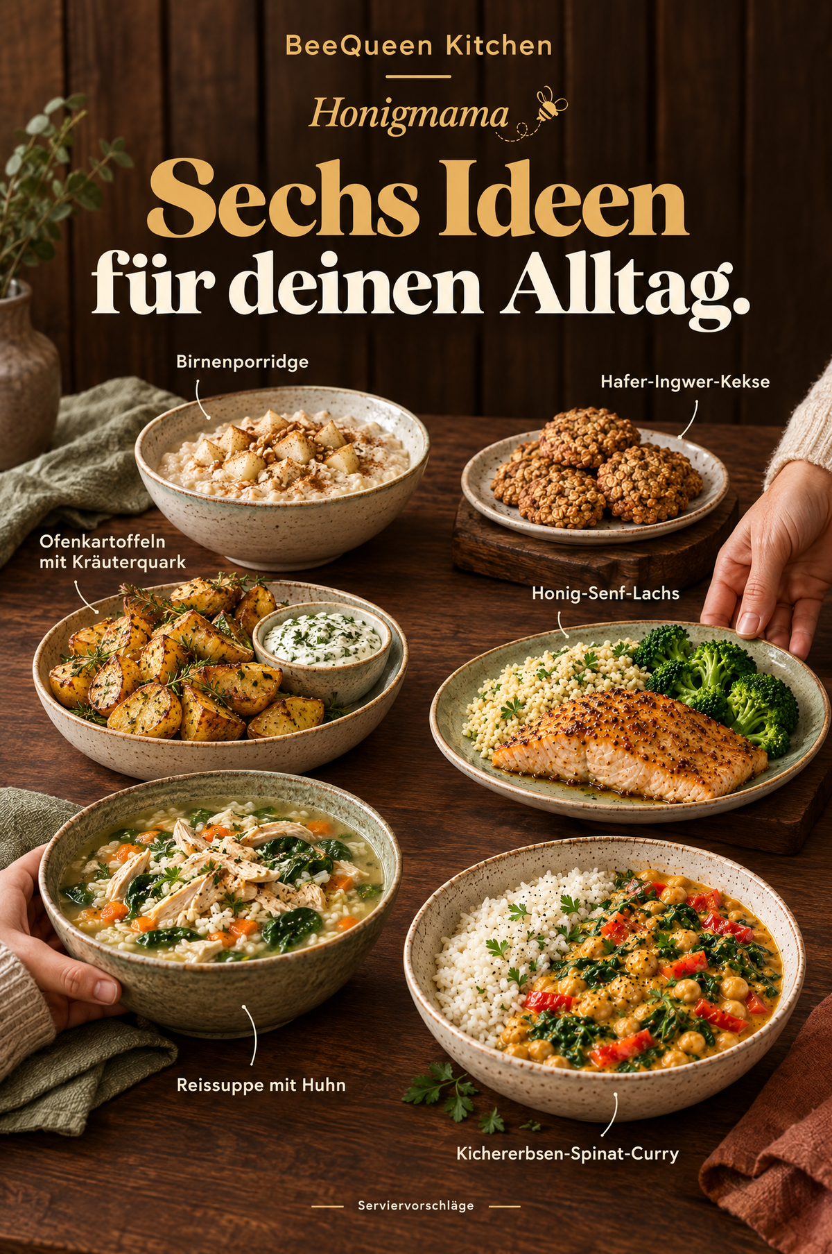 Sechs Rezeptideen aus Honigmama: Birnenporridge, Hafer-Ingwer-Kekse, Ofenkartoffeln, Honig-Senf-Lachs, Reissuppe und Kichererbsen-Spinat-Curry