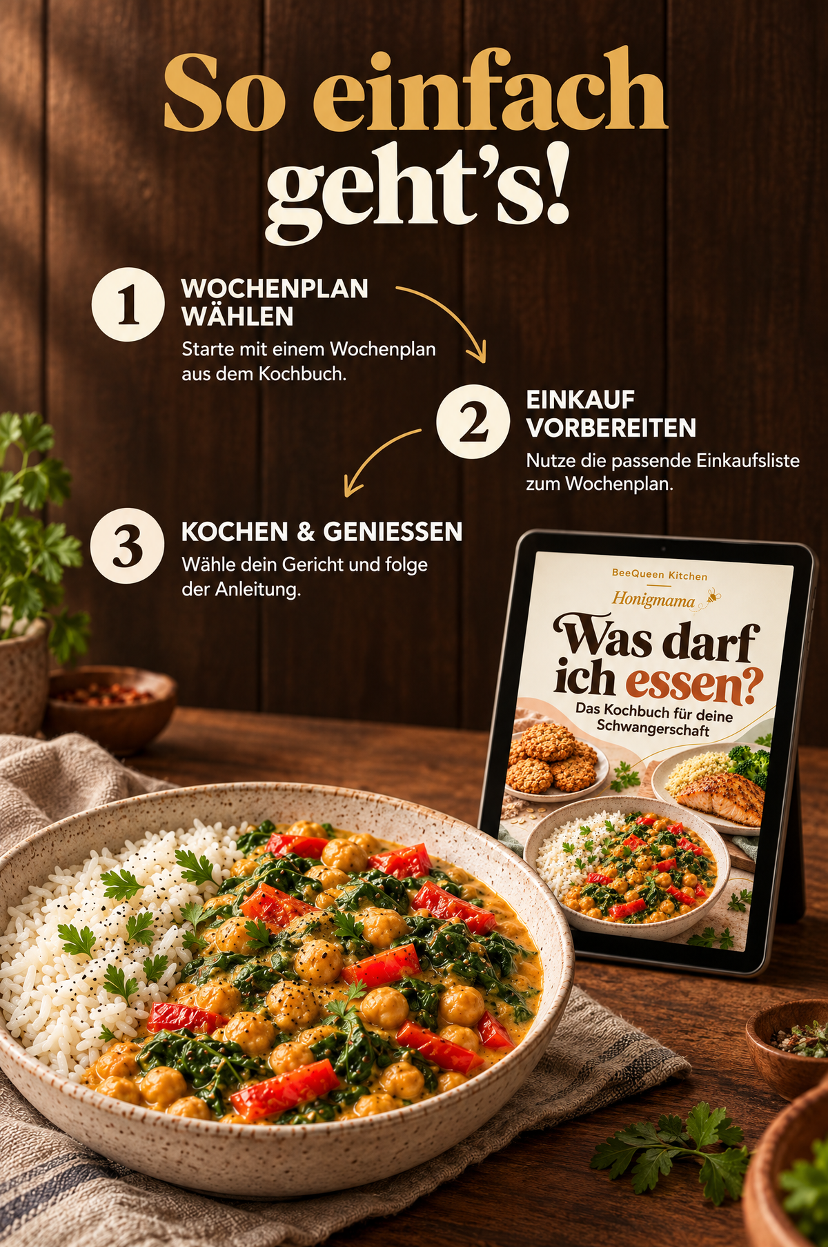 So nutzt du Honigmama: Wochenplan wählen, Einkauf vorbereiten, kochen und genießen